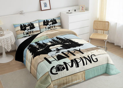 Erosebridal Kids Woodland Bear Bedding Set Happy Camping Camper Twin Comforter Set for Travel Trailers Rv Bunks Camper Quilt Set Rustic Farmhouse Barn Door Duvet Insert 1 Pillow Case Green Blue