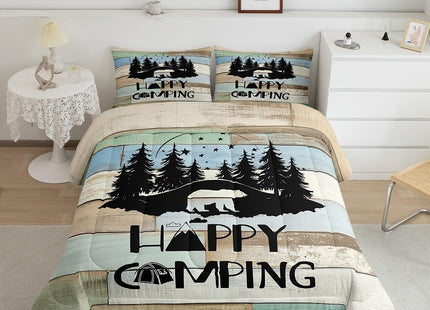 Erosebridal Kids Woodland Bear Bedding Set Happy Camping Camper Twin Comforter Set for Travel Trailers Rv Bunks Camper Quilt Set Rustic Farmhouse Barn Door Duvet Insert 1 Pillow Case Green Blue