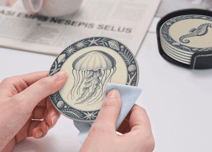 6 Pcs Nautical Ocean Drink Coasters with Holder Coasters for Drinks Coffee Table Home Decor Housewarming Gift