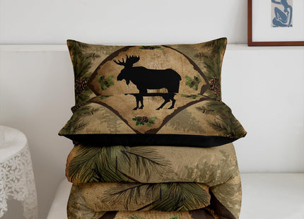 Farmhouse Moose Comforter Set Wild Animal Silhouette Rustic Style Bedding Comforter for Kids Teens Adults Jungle Cartoon Pine Cones Green Leaves Quilt Duvet Set with 2 Pillowcases Queen Size 3 Pcs