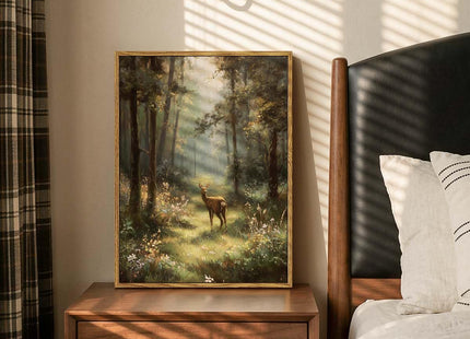 WHASAYART Framed Vintage Nature Forest Deer Canvas Wall Art 12x16 Inch