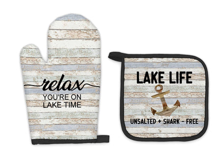 FIicy Lake House Gifts Oven Mitts and Pot Holders Sets, Lake Lovers House Kitchen Accessories Sets,Rustic Relax You’re on Lake Time Heat Resistant Oven Glove Potholders for Kitchen Cooking Baking BBQ