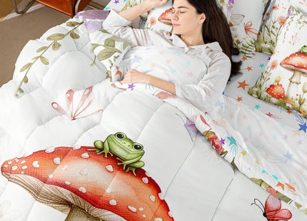 Erosebridal Fairy Garden Twin Bedding Set 7 Piece - Mushroom & Frog Comforter Set with Sheets for Kids Girls, Butterfly Floral Forest Themed Bed Set | Whimsical Fairies Fitted Sheet+Flat Sheet