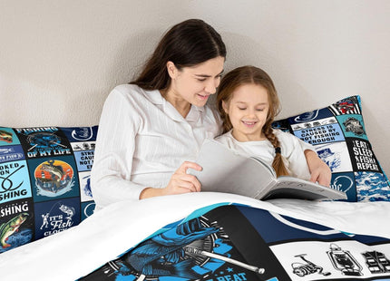 Manfei Go Fishing Kids Comforter Set Twin Size,Bass Fish Hook Geometric Plaids Bedding Set,Boys Girls Adults Room Decor,Sea Waves Rustic Camper Down Comforter,Blue Fashion Duvet Insert,1 Pillowcase