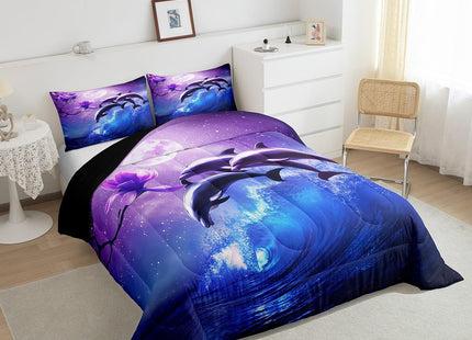 Galaxy Dolphin Bedding Set Twin Coastal Ocean Waves Comforter Set Night Star Moon Cherry Blossoms Comforter For Kids Girls Teens Sea Animal Starry Sky Quilt Duvet Purple Blue Marine Room Decor 2 Pcs