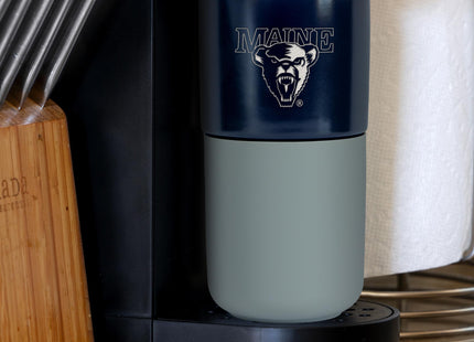 Rico Industries NCAA Maine Black Bears 16 oz Ceramic Tumbler with Silicone Grip, Deep Laser Engraved, Navy and Gray Colored Design with Slide Lid, Travel Coffee Mug, Matte Glaze