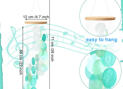 Wenqik Sea Glass Shell Wind Chimes for Outside Seaglass Capiz Windchime Spiral Wind Chimes for Women Beach Holiday Summer Gift Indoor Outdoor Home Housewarming Garden Decor(Light Blue)