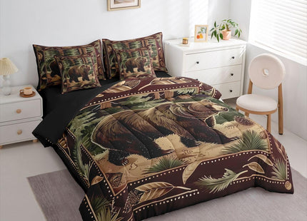 Erosebridal Rustic 7 Piece Comforter Set Queen | Farmhouse Cabin Bear Bed in A Bag Jungle Hunting Wild Animal Sheet Set Breathable Lightweight Brown Countryside Fitted Sheet Reversible