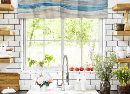 Coastal Beach Valances - Navy Blue Kitchen Curtains - Abstract Blue Wave Window Treatment - Modern Ombre Valances for Living Room, Bedroom & Bathroom - 42"x12"