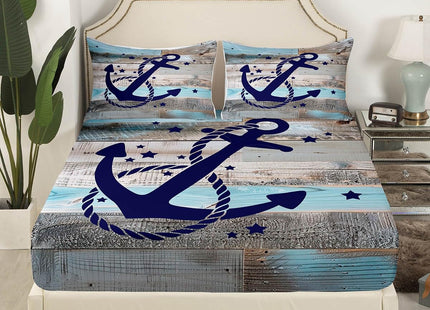 Coastal Nautical Bedding Sets Queen Navy Blue Anchor Bed Sheets For Kids Boys Teen Rustic Farmhouse Wooden Board Sheet Set Retro Ocean Sailing Boat Fitted Sheet Retro Grey Flat Sheet 2 Pillow Cases