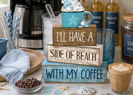 Lineshading 4 Pcs Beach Coastal Wooden Block Signs with Coffee Cup Summer