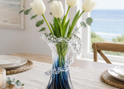 Blue White Clear Wave Gradient, Hand Blown Glass Vase Unique Art Decorative Vase for Ocean Inspired Coastal Home Decor, Centerpiece for Modern Office, Entryway Table