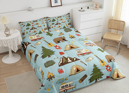 Camper Bedding for Travel Trailers Bunk, Happy Camping Comforter Set for Kids Boys Girls, Pine Tree Bear Duvet Insert, Camper Accessories Bedding Comforter Sets, Travel Car Down Comforter, 2Pcs Twin