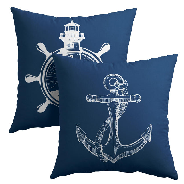 Coastal Navy Blue Throw Pillow Covers 16x16 Set of 2 Nautical Anchor Lighthouse Decorative Pillow Cases Summer Ocean Theme Cotton Linen Cushion Cover for Home Sofa Couch Bed Decor