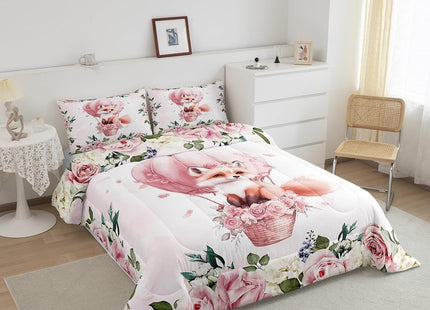 Cute Fox Kids Comforter Set Twin Size,Hot Air Balloon Rose Flowers Princess Romantic Bedding Set,Girls Women Room Decor,Forest Animal Leaves Down Comforter,Pink Dreamy Duvet Insert,1 Pillowcase