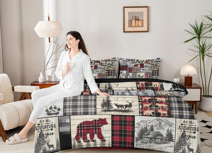 Erosebridal Rustic Cabin King Comforter Set 7 Piece Red Black Farmhouse Buffalo Plaid Bedding Sets Hunting Wolf Bear Deer Bed in A Bag with Sheets Country Wildlife Animal Theme Bed Sets Lodge Decor