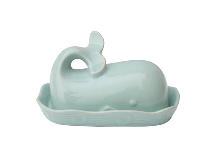 Creative Co-Op Stoneware Whale Butter Dish with Embossed Wave Detail, Aqua Finish