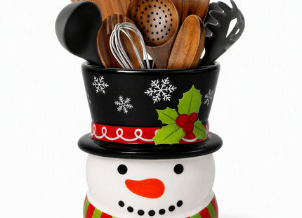 Taesun Snowman Ceramic Utensil Holder, Christmas Kitchen Decor, 3D Snowman Countertop Storage Crock, Xmas Decorative Container for Cooking Utensils, Holiday Tabletop Home Party Decoration