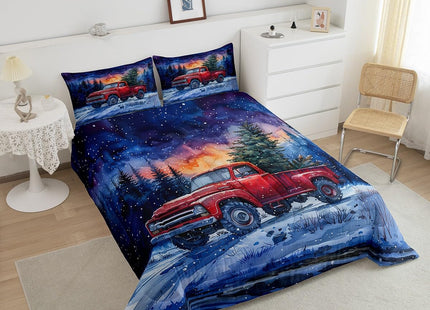 Red Truck Kids Comforter Set Twin Size,Christmas Tree Snowflake Bedding Set for Teens Boys Girls Room Decor,Woodland Nature Scenery Quilt Set 2Pcs,Merry Christmas Theme Duvet Insert,1 Pillowcase