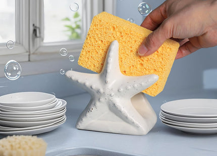 Bicuzat Ceramic White Starfish Sponge Holder for Kitchen Sink, Compact Sink Caddy Organizer, Scouring Pad and Dish Sponge Holder