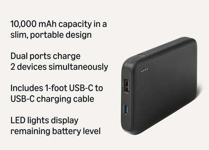 Amazon Basics Slim Portable Charger Power Bank with LED Display, 10,000 mAh, Black