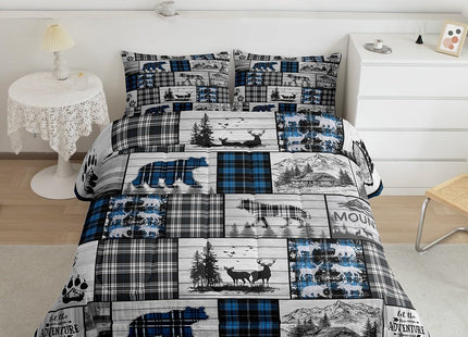 Hunting Wolf Bear Deer Moose Comforter Set For Kids Boys Retro Blue Black Grey Plaid Buffalo Plaid Lodge Quilt Comforter Full Rustic Farmhouse Cabin Bedding Set Woodland Animal Duvet Set 3 Pcs