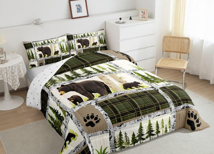 Feelyou Kids Adult Rustic Cabin Comforter Set,Rustic Bear Bedding Set Queen Size,Forest Wild Animals Comforter,Farmhouse Patchwork White Green Plaid Lodge Bed Set