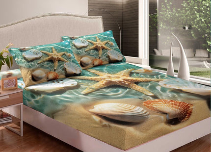 Ocean Bedding Set Beach Themed Sheet Set Teal Blue Ocean Sea Life Pattern Coastal Bed Sheet Sets Twin for Boys Girls 1 Starfish Flat Sheet - 1 Shell Fitted Sheet - 1 Pillowcase (Beach, Twin)