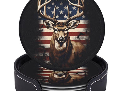 Neukim 6 Pcs American Hunting Deer Leather Coasters for Drinks with Holder Round Mug Mat Table Desk Coasters Set Cup Coasters for Living Room Kitchen Coffee Decor