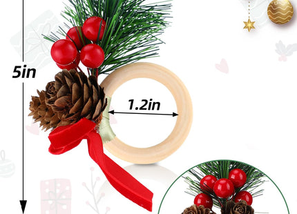 Christmas Napkin Rings with Pinecone & Velvet Bow - Rustic Wooden Napkin Cloth Holders Rings for Dinner Table Decor, Xmas Holiday Party Wedding Decorations, Set of 6