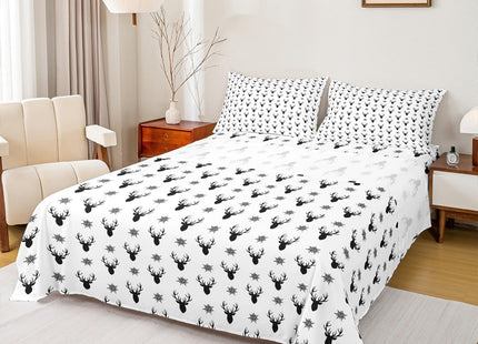Manfei Deer Antlers Kids Sheet Queen Size,Snowflake Merry Christmas Xmas Bedding Set,Girls Boys Adults Room Decor,Rustic Farmhouse Black White Chic Bed Sheet Set 4pcs(Fitted + Flat + 2 Pillowcases)