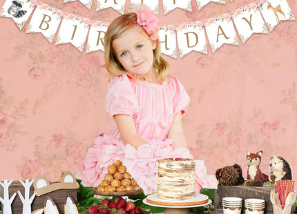 Kreatwow Woodland Happy Birthday Banner Woodland Birthday Party Decorations Girls Jungle Forest Animal Creatures Bunting Banner Garland for Girls