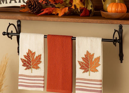Fall Thanksgiving Kitchen Hand Dish Towels, Orange Rust Maple Leaf, 3 PC
