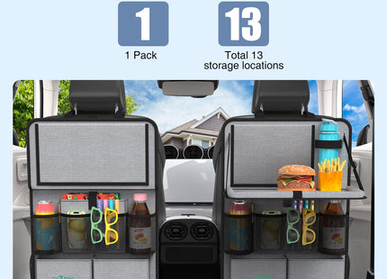Plzpik Car Backseat Organizer with Tablet Holder,11 Storage Pockets with Foldable Food Tray, Protector Kick Mats for Kids, Travel Accessories Organizer (Gray, 1Pack)