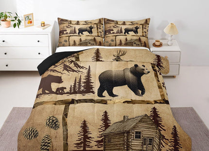Feelyou Lodge Cabin Comforter Set Toddler Size Gray Bear Pine Tree Silhouette Pattern Quilted Duvet with 1 Pillowcases+1 Wild Animal Western Jungle Style Bedding for Teens Adults 2 Pcs
