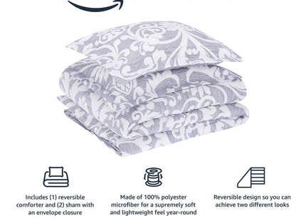 Amazon Basics King Size Ultra-Soft Lightweight Microfiber Reversible 3-Piece Bedding Comforter Set, Gray Medallion