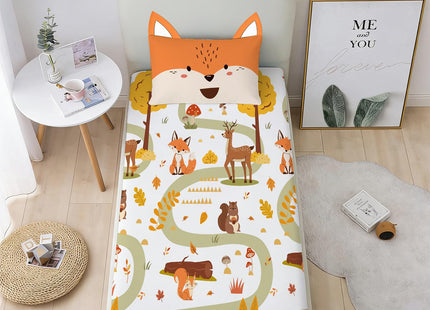 Yasida Twin Size Fox Forest Animals Twin Fitted Sheet Kids 3D Fox Pillowcase Washable Sheets Set Kid Animals Bedding Sheet Soft Microfiber(1*Sheet+1*Pillowcase)