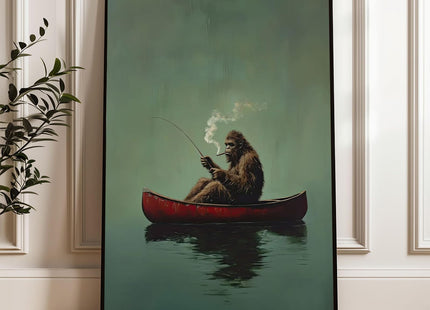 Sasquatch Canvas Wall Art Vintage Fishing Boat Wall Art Fun Bigfoot Painting In Red Canoe On Bigfoot Fishing Poster Canvas Living Room Bathroom Bedroom Print 16x24 Inch Unframed