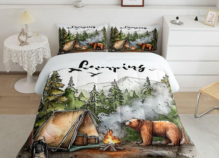Erosebridal Camping Comforter Set,RV Trailer Camper Toddler Bedding Set for Kids Boys Girls Room Decor,Forest Tree Bear Bed Set Rustic Mountain Woodland Bedding Comforter Sets,1 Pillowcase