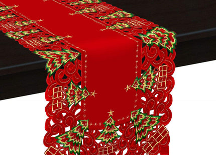 Grelucgo Embroidered Christmas Holiday Holly Tree Table Runner, Dresser Scarf, Rectangular 16 x 72 Inch