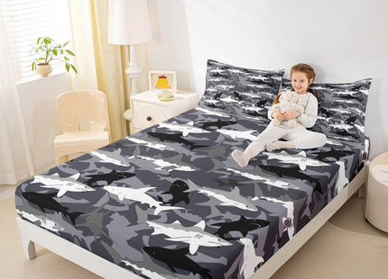 Erosebridal Boys Camo Sharks Bed Sheets Queen,Kids Black White Grey Camouflage Sheet Set Deep Ocean Animal Bedding Set,Soft Microfiber Cool Wildlife Fitted Sheet + Flat Sheet + 2 Pillow Cases