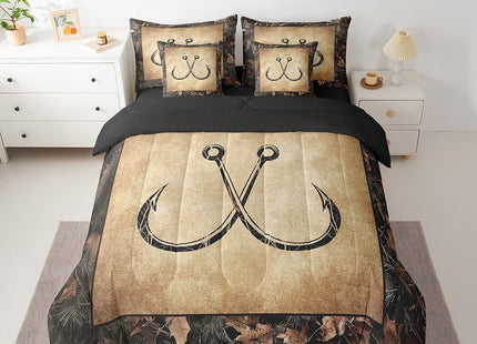 Erosebridal Camo Fish Hook 7 Piece Bed in A Bag Twin Rustic Lake Fishing Bedding Set Gifts for Boys Men Fisherman Kids,Farmhouse Cabin Style Comforter Set Retro Country Sheet Set with Comforter