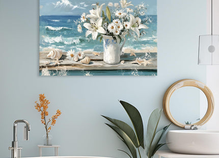 Blue Ocean Beach Bathroom Decor Wall Art, Starfish with White Flower Picture Canvas Prints Modern Coastal Seascape Painting Framed Seaside Seashell Floral Artwork for Beachy Home Decoration 12x18inch