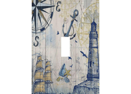 Nautical Sailboat Lighthouse Single Toggle Light Switch Covers Plate Decorative 1 Gang Wall Plate Compass Anchor Wood Board Electrical Dual Device Switchplate Faceplate for Farmhouse Bathroom Decor