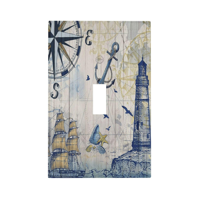 Nautical Sailboat Lighthouse Single Toggle Light Switch Covers Plate Decorative 1 Gang Wall Plate Compass Anchor Wood Board Electrical Dual Device Switchplate Faceplate for Farmhouse Bathroom Decor