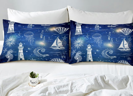 Lighthouse Bed Sheets Blue Ocean Theme Sketch Fitted Sheet for Kids Boys Teens,Nautical Sailboat Bedding Sets Steering Wheel Goldfish Jellyfish Bedding Decor Set Drift Bottle Octopus Room Decor Twin