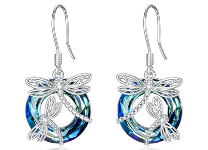 TOUPOP Dragonfly Sterling Silver Earrings with Blue Circle Crystal Dragonfly Dangle Drop Earrings - Women's Mom Birthday Gifts