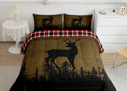 Erosebridal Rustic Farmhouse Bedding Set Deer Hunting Comforter Set Twin, Brown Tie Dye Bedding Comforter Sets Red Buffalo Plaid Duvet, Woodland Pine Tree Quilted Comforter Animal Theme Bedroom Decor