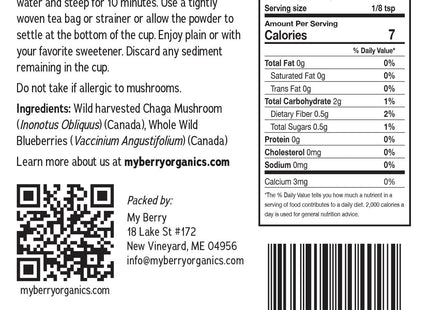 Maine Chaga & Wild Blueberry Tea Powder- Herbal Superfood Blend | 100% Wild-Harvested USA & Canadian Grown Chaga | 1.5oz | Caffeine-Free, Antioxidant-Rich | 200+ Servings | 100% Natural, No Additives