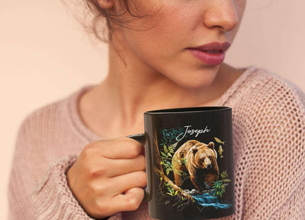 Cute Bear In Forest Design Mug, Customized Name Animal Lover Cup, Novelty Bear Design Black Mug, Personalized Bear Themed Coffee Cup, Gift For Son Daughter, Custom Animal Mug 11oz 15oz